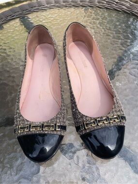 Taryn Rose Tweed Ballet Flats with Black Patent Cap Toe & Golden Chain